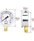 Glycerin Liquid Filled Two Point Five Inch Air Pressure Gauge With Stainless Steel Case, Rugged Vacuum And Water Pressure Gauge, 0 To 5000 Psi