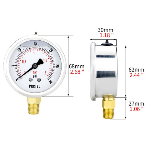 Glycerin Liquid Filled 2.5 Inch Air Pressure Gauge With Stainless Steel Case IP67 Waterproof showing front and side views with dimensions
