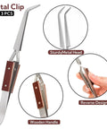 Close-up of reverse design tweezers with wooden handle, part of Six Piece Jewelry Soldering Kit With Ceramic Honeycomb Boards Copper Tong Solder Plate And Three Lock Tweezers Pro Grade Heat Proof Tools For DIY Metal Melting And Jeweler Projects.