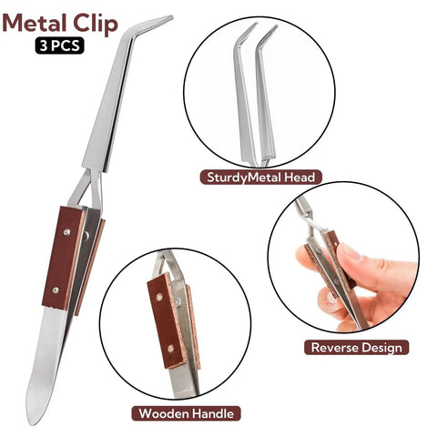 Close-up of reverse design tweezers with wooden handle, part of Six Piece Jewelry Soldering Kit With Ceramic Honeycomb Boards Copper Tong Solder Plate And Three Lock Tweezers Pro Grade Heat Proof Tools For DIY Metal Melting And Jeweler Projects.