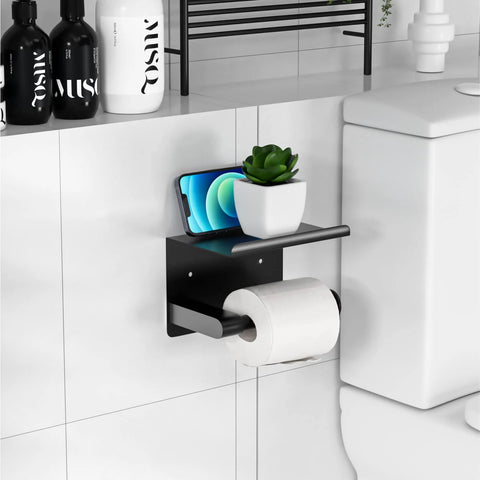 Matte Black Toilet Paper Holder With Shelf Fits Mega Rolls Self Adhesive Wall Mount Rustproof Stainless Steel for bathroom