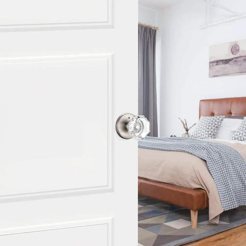 Crystal Glass Interior Door Knobs With Privacy Lock For Bathroom And Bedroom, Satin Nickel Finish on door by bedroom
