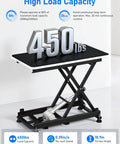Front view of DIHOOL electric scissor lift table with black tabletop and metal scissor frame, 450 lb capacity.