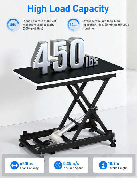 Front view of DIHOOL electric scissor lift table with black tabletop and metal scissor frame, 450 lb capacity.