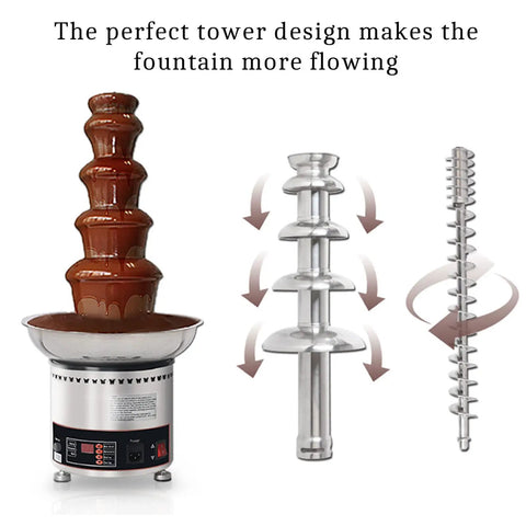 Multi Tier Chocolate Fondue Fountain With Steady Drip For House Parties And Buffets, showing chocolate flowing from a steel tower.