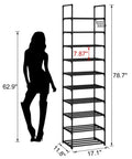 Narrow 10 Tier Shoe Rack For Small Spaces, Tall Entryway And Closet Organizer Holds 20 To 24 Pairs Shoes with dimensions shown