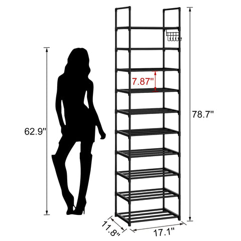 Narrow 10 Tier Shoe Rack For Small Spaces, Tall Entryway And Closet Organizer Holds 20 To 24 Pairs Shoes with dimensions shown