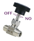 Dialed In Needle Valve NPT 1/4 Inch Male Thread Flow Control Valve, 304 Stainless Steel Metering Valve For Water Gas Oil Steam, 1500 PSI Flow Adjustment For Hydraulic And Pneumatic Systems shown with handwheel and directional arrows