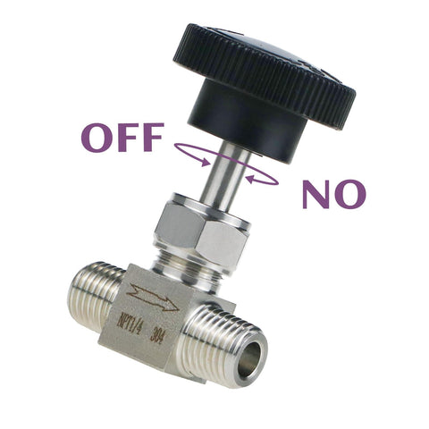 Dialed In Needle Valve NPT 1/4 Inch Male Thread Flow Control Valve, 304 Stainless Steel Metering Valve For Water Gas Oil Steam, 1500 PSI Flow Adjustment For Hydraulic And Pneumatic Systems shown with handwheel and directional arrows