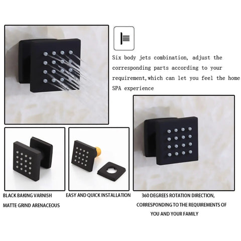 Slick Black Thermostatic Shower System featuring six body jets for a home spa experience, easy installation, and matte finish.