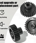 Close-up of three black 0.6M pinion gears marked 26T for 1/10 RC cars, showing serrated edges and hollow centers.