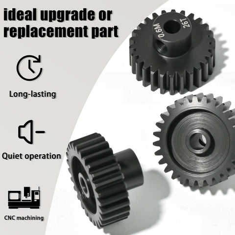 Close-up of three black 0.6M pinion gears marked 26T for 1/10 RC cars, showing serrated edges and hollow centers.
