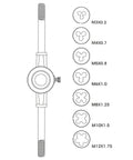 Diagram of Metric Die Wrench Set With T Handle For Tight Spaces, Circular Dies M3 To M12 Including M3 x 0.5 to M12 x 1.75