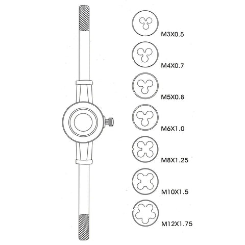 Diagram of Metric Die Wrench Set With T Handle For Tight Spaces, Circular Dies M3 To M12 Including M3 x 0.5 to M12 x 1.75