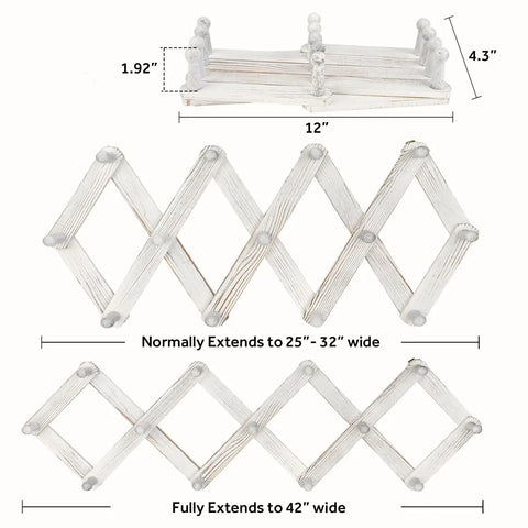 Accordion Style Wall Mounted Coat Rack With 13 Peg Hooks For Coats Hats Bags Mugs And Necklaces In Rustic White Finish extended view