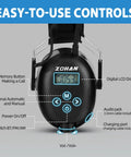 AM FM Radio Headphones With Digital Display Dope Sound Noise Reduction Earmuffs Comfortable Hearing Protector Bluetooth 5.4 Built In Microphone For Hands Free Calls, front view showing easy-to-use controls and buttons.