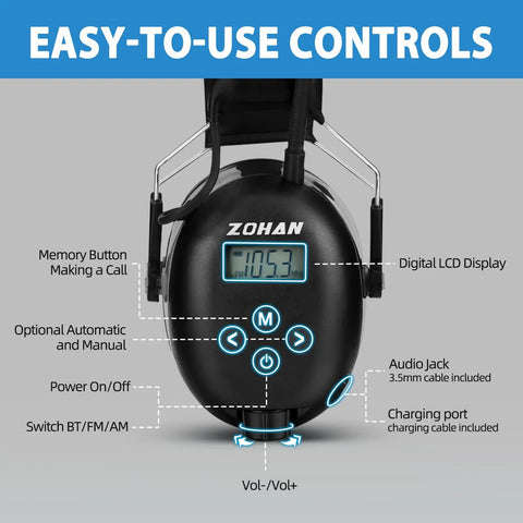 AM FM Radio Headphones With Digital Display Dope Sound Noise Reduction Earmuffs Comfortable Hearing Protector Bluetooth 5.4 Built In Microphone For Hands Free Calls, front view showing easy-to-use controls and buttons.