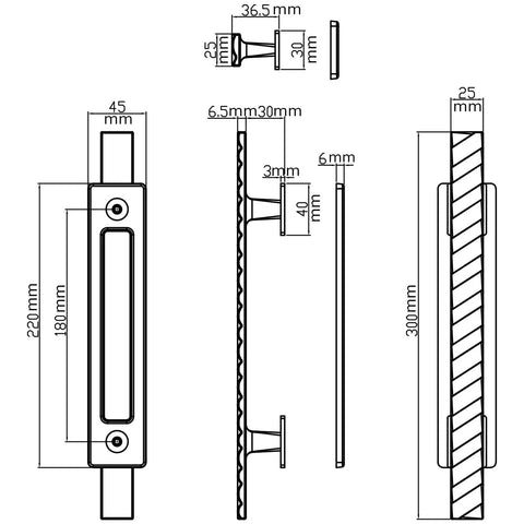 Technical drawing of Solid Brass Sliding Barn Door Handles Set Featuring 12 Inch Two Sided Design, dimensions labeled