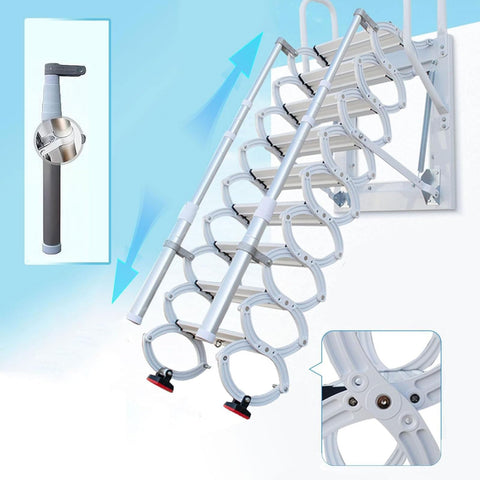 Heavy Duty Electric Telescoping Ladder With Retractable Folding Attic Stairs Featuring A Solid Reinforced Frame And Grippy Wide Treads in use.