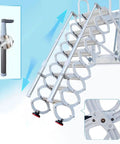 Electric Telescopic Attic Ladder With Hella Sturdy Forged Aluminum Frame Wall Mounted Retractable Folding Stairs Zero Clutter Design visible, showing smooth operation mechanism.
