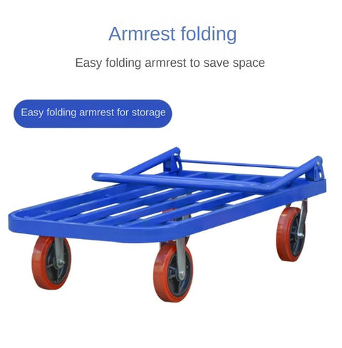 Heavy Duty Cargo Handling Flatbed Handcart Foldable Trailer For Heavy Lifting, blue steel frame with folding armrest and four wheels
