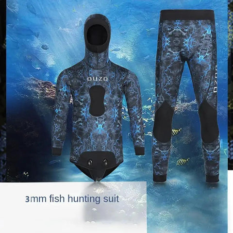 3mm Neoprene Wetsuit With Hooded Top, Go-To Two-Piece Camouflage Dive Suit For Cool Water Freediving And Spearfishing