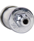 Close-up of metal inlet showing IN and 3/8 markings on Universal Fuel Pump Filter Clear View Glass Visual Check 200 Mesh Inlet And Outlet Fits Three Eighths Inch Hoses Plug And Play Easy Install For Car Gas System Replacement FFC1003.