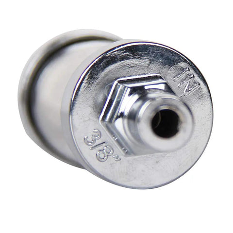 Close-up of metal inlet showing IN and 3/8 markings on Universal Fuel Pump Filter Clear View Glass Visual Check 200 Mesh Inlet And Outlet Fits Three Eighths Inch Hoses Plug And Play Easy Install For Car Gas System Replacement FFC1003.