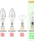 Diagram showing bulb base sizes: E12 Chandelier, E14 European, E17 Intermediate, E26 Standard with highlighted E26.