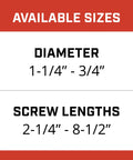 Size chart for Three Quarter Inch Wedge Heavy Duty Concrete Anchors 10 Pack Stainless Steel Built Tough With 360 Degree Contact For Solid Concrete Ideal For Machinery Structural Supports And Sill Plates ICC ESR 2251 Certified showing diameter 1-1/4 to 3/4 inches and screw lengths 2-1/4 to 8-1/2 inches