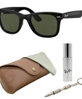 RB4340 Square Shape Non Polarized Sunglasses For Men And Women With G Fifteen Green Lens Includes Official Eyewear Kit displayed with accessories