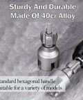 Solid 4 In 1 Water Pipe Threader Set For Fast Internal And External Threading Fits Inch And Inch PvC Pipes Compatible With Electric Drill showing durable 40cr alloy heads with hexagonal handles.