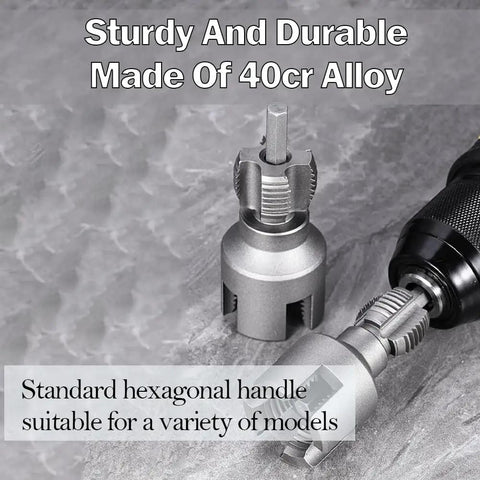 Solid 4 In 1 Water Pipe Threader Set For Fast Internal And External Threading Fits Inch And Inch PvC Pipes Compatible With Electric Drill showing durable 40cr alloy heads with hexagonal handles.