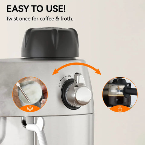 Close-up of control knob on 3.5 Bar 4 Cup Espresso Cappuccino Machine With Milk Frother Stainless Steel Compact Home Espresso Maker