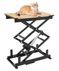 Rock Solid Electric Scissor Lift Table Delivers Smooth Hydraulic Lifts That Raise Workstations Easy Peasy Handles Up To 140 Pounds Without Breaking A Sweat with cat on top.