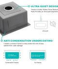 Diagram of noise reduction and anti-condensation features for Undermount 15x15 Inch Kitchen Sink In Brushed T304 Stainless Steel