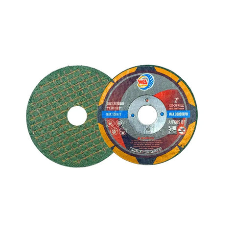 Two 2-inch cutting wheels for metal and stainless steel with printed details, part of a 20 Pack 2 Inch Thin Cutting Wheels For Metal And Stainless Steel.