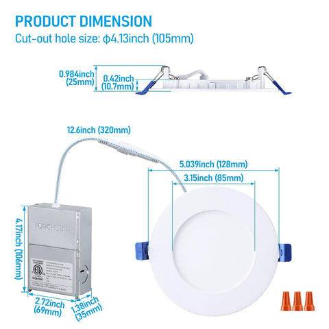 Dimensions of 4 Inch Slim Recessed LED Ceiling Lights With Junction Box 9W 800 Lumen 5000K Daylight CRI90 Dimmable