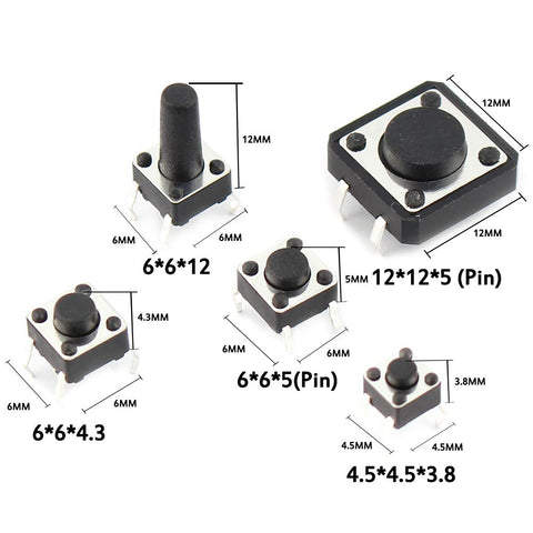 Assorted switches from 125 Piece Tactile Switch Kit With 25 Value Micro Momentary Push Button Switches For SMD And DIP Use