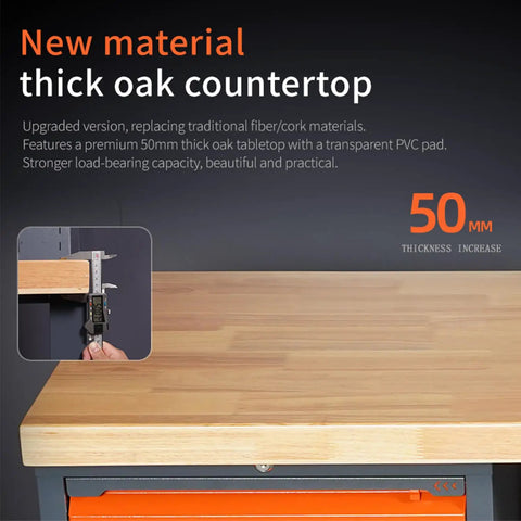 Rock Solid Cold Rolled Steel Tool Storage Cabinet And Heavy Duty Workbench Featuring Rust Proof Finish For Hella Durable Hardware And Measuring Tools Organization In Your Top Shelf Garage Workspace with thick oak countertop measuring 50mm, featuring transparent PVC pad.
