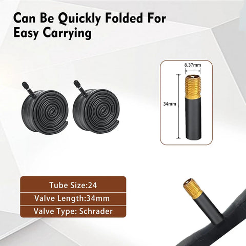 24X2.125 Inch Beach Cruiser Tire Replacement tubes with 34mm Schrader valve, shown coiled for easy carrying, cream color folding tire