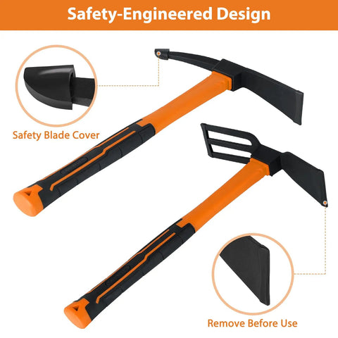 2 Pack Garden Hoes With No Slip Ergonomic Handles Carbon Steel Outdoor Tools Durable 2 Piece Set For Yard Work Weeding And Tilling Includes Safety Covers Bright Orange Finish, showing safety blade covers.