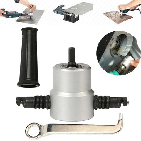 Double Head Metal Nibbler Cutter For Drill With 360 Degree Rotating Cutting Tool For Sheet Metal And Metal Plates, shown with handle and wrench