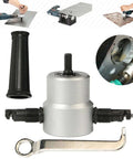 Two Head Sheet Metal Nibbler Cutter Built Tough 360 Degree Nibbler Drill Attachment shown with handle and wrench, ideal for aluminum and steel.