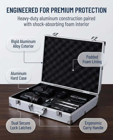 Hella Durable Aluminum Workhorse Case With Shock Absorbing Foam Base And Reinforced Corners For Everyday Grind Heavy Duty Tool Carry And Safe Storage In Silver, open view with padded foam interior showing tools.