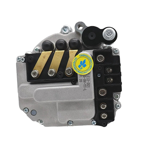 Universal Electric AC Compressor Kit With Quick Connect Hoses For Pickups Sedans And Campers image showing aluminum block casing and connection points.