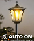64 Inch Solar Lamp Post Light With Planter, glowing warmly in backyard setting, featuring auto on functionality at dusk.