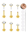 Dope Gold Plated Titanium Flat Back Piercing Set For Women And Men, 20G 18G 16G Threadless Cartilage Earrings With CZ Stones, Hypoallergenic Implant Grade, 6Mm 7Mm 8Mm Bar, 2.5Mm 3Mm 4Mm CZ Sizes, Nose Ring Tragus Helix Medusa Lip Jewelry displayed with individual components