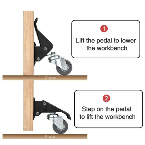 Heavy Duty Retractable Caster Wheels For Workbenches Tables 300Kg Load Capacity 4 Pack Locking Step Down Casters Kit pedal mechanism guide