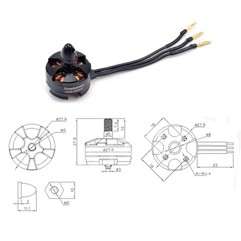 MT2204 2300KV Brushless Motor For RC QAV210 250 280 FPV Racing Drones 2-3S With Gold Plated 2mm Bullet Plugs CW CCW Prop Adapters Included Balanced Performance 4 Pack, diagram view